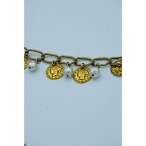GOLD TONE COIN & FAUX PEARL CHAIN BELT